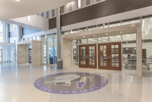 Sewanhaka Cafeteria exterior and school logo
