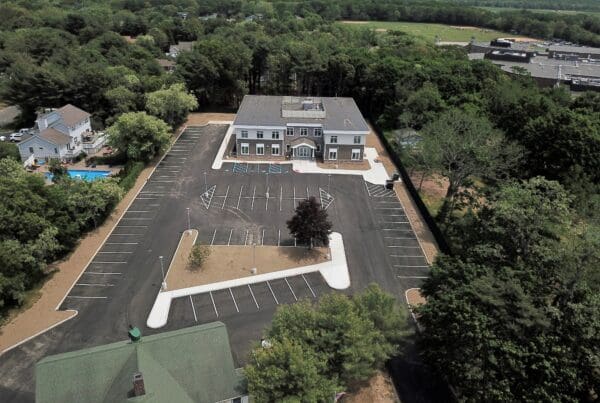 Longwood administration building and parking lot