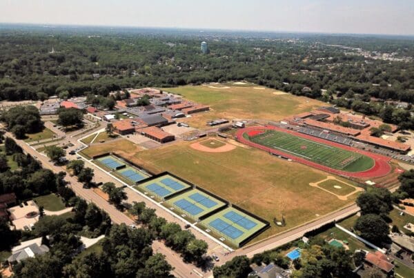 Aerial view of Syosset school and athletic fields